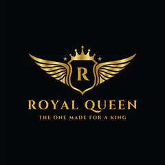 Royal Queen Logo with Crown, Wings, and Shield 