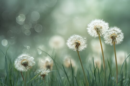 Delicate dandelion seedheads gently swaying in soft green grass under a serene morning light, capturing nature's beauty in its simplest form