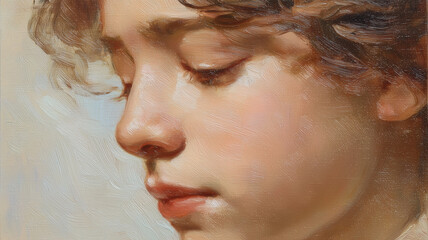 A soft oil painting portrait on canvas, featuring a calm and introspective expression, created with light pastel tones--creamy whites, soft peach, pale blue--gentle brushstrokes and smooth blending