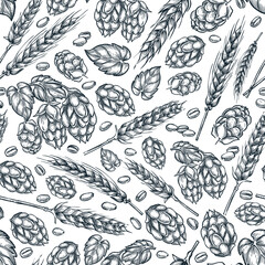 Beer seamless pattern. Vector sketch illustration of hop, malt. Brewing ingredient design for packaging, print or menu