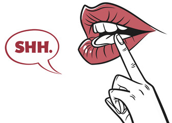 red glossy lips with finger shh gesture quiet silence speech bubble isolated on white background.