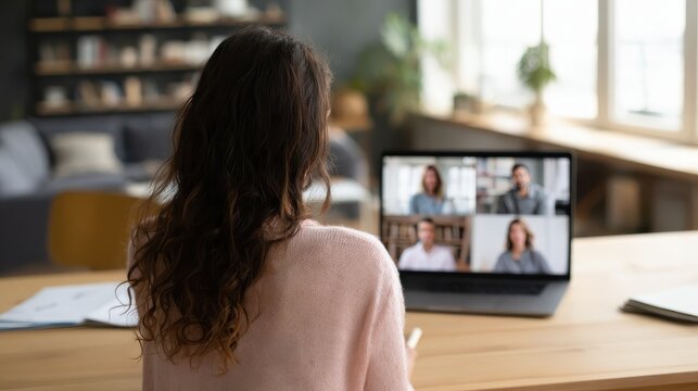 Back view of business woman talking to her colleagues about plan in video conference. Multiethnic business team using laptop for a online meeting in video call. Group of people smart working from hom
