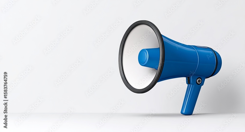 Fototapete A blue megaphone icon in a speech bubble, set against a white background, in a simple and minimalistic style. This 3D rendering illustration design includes a copy space area, 