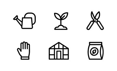 Gardening tools and plants set in minimalist linear style with dark background