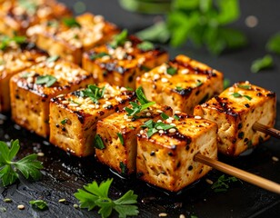 Grilled Tofu Skewers: Close-up, appetizing food photography of perfectly grilled tofu skewers with fresh herbs, capturing delicious vegetarian delight and culinary creativity.