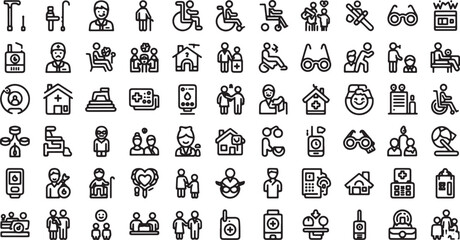 Collection of line art icons representing various aspects of healthcare, disability, and community support.