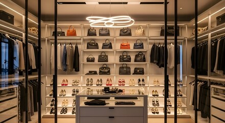 A luxurious walk-in closet showcasing designer handbags, shoes, and clothing.