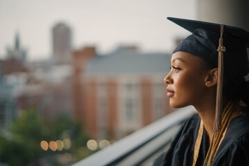 an African American woman wearing her graduation gown and cap  She is looking out over the balcony at the college buildings in front of her Generative AI