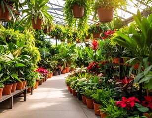 Naklejka premium Green Oasis: A bright interior shot showcasing a lush, vibrant array of flourishing potted plants and hanging baskets, creating a tranquil haven of nature's beauty.
