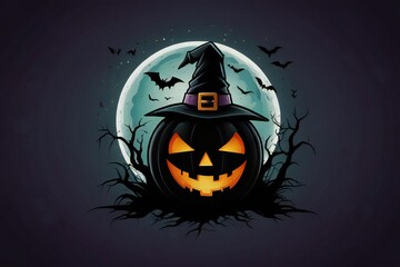 Halloween jack o lantern with witch hat and bats