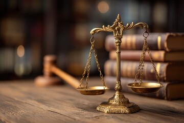 Vintage brass scales of justice placed on a wooden table next to old leather-bound law books in a serene library setting