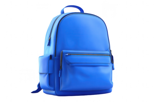 Blue school backpack with an open pocket, isolated on a white background, png, transparent