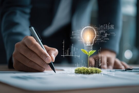 Businessman developing marketing strategies and financial plans while integrating innovative ideas and sustainable practices in the office