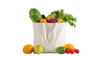 Eco bag with fresh fruits and vegetables isolated on a white background, png, transparent