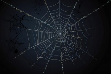 Intricate spiderweb with dewdrops at night