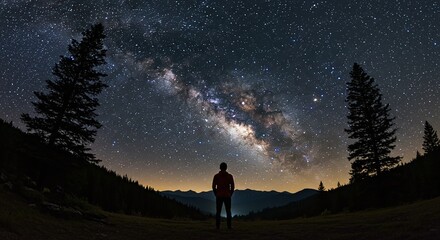 Fototapeta premium Silhouette of a Person Standing Under a Starry Night Sky with Milky Way in a Mountain Landscape
