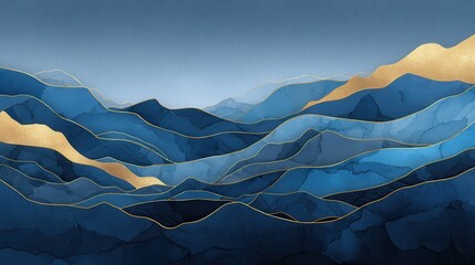 Elegant abstract mountain background. Watercolor wallpaper with gold wavy lines, hill, sky and dark blue color. Luxury in blue tone design for banner, covers, wall art, home decor and invitation., no