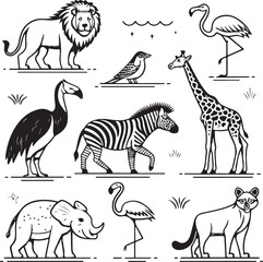 Obraz premium Hand Drawn African Safari Animals Vector Set – Lion, Zebra, Giraffe, Elephant, Flamingo & More