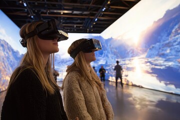 Immersive experience as two women explore virtual reality in a technology exhibition hall