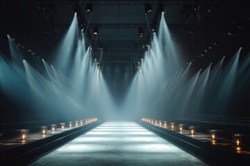 Catwalk illuminated by numerous spotlights creating an atmosphere of anticipation in a fashion venue at night