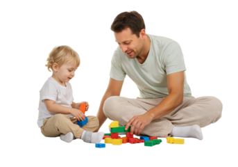 Father playing with son on floor using blocks, pastel clothes, full-body on pure white background, PNG format