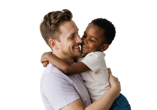 Father and adopted Black son hugging warmly in pastel outfits, full-body on clean white background, PNG format - Powered by Adobe
