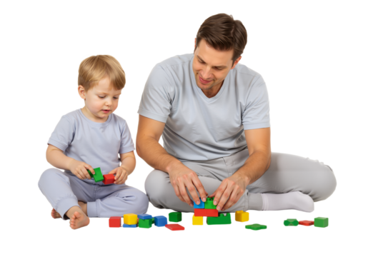 Father playing with son on floor using blocks, pastel clothes, full-body on pure white background, PNG format