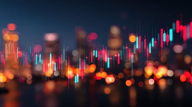 Abstract glowing big data forex candlestick chart on blurry city backdrop. Trade, technology, investment and analysis concept. Double exposure, no logos, no brands