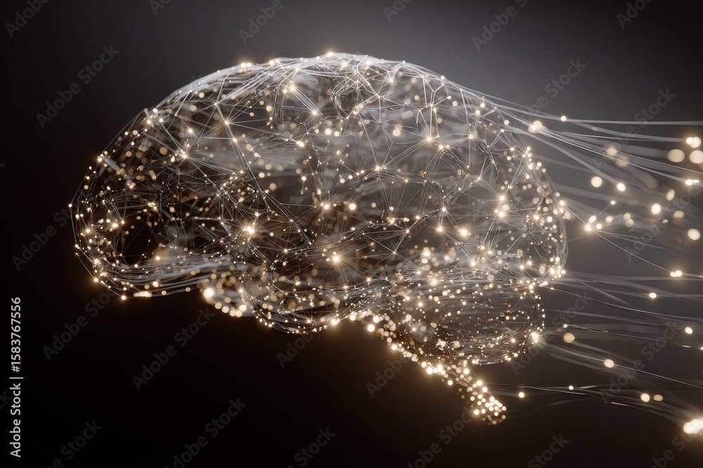 Poster digital representation of a brain formed by interconnected nodes and glowing strands illustrates the