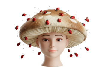 Isolated Girl with Mushroom Hat and Ladybugs
