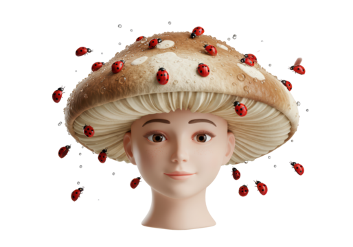 Isolated Girl with Mushroom Hat and Ladybugs