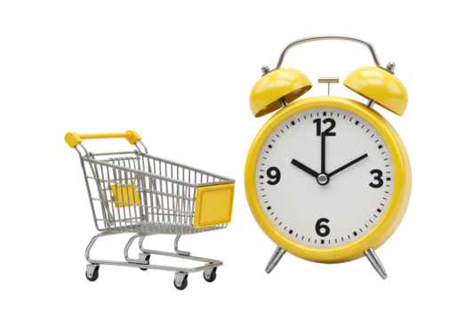 Isolated Yellow Alarm Clock and Shopping Cart Combination
