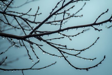 Water droplets glisten on bare branches against a soft blue background during a misty morning