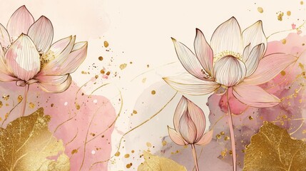 Spring floral in watercolor vector background. Luxury wallpaper design with lotus flowers, line art, golden texture. Elegant gold blossom flowers illustration suitable for fabric, prints, cover., no 