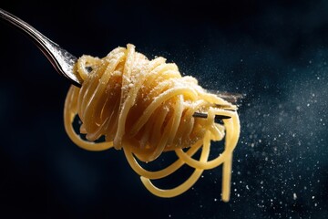 Delicious forkful of cooked spaghetti noodles coated in fine cheese floating against a dark background