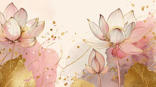 Spring floral in watercolor vector background. Luxury wallpaper design with lotus flowers, line art, golden texture. Elegant gold blossom flowers illustration suitable for fabric, prints, cover., no 