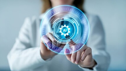 Futuristic interface artificial intelligence technology innovation digital hologram virtual screen future concept with businesswoman interacting - Powered by Adobe