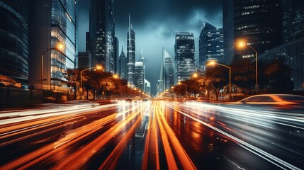 Vibrant long exposure night shot of busy traffic and skyscrapers in a modern city downtown.
