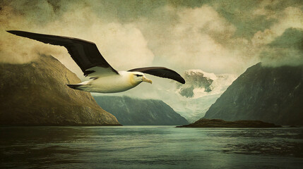 Majestic Albatross Soaring Above Serene Waters and Mountainscape