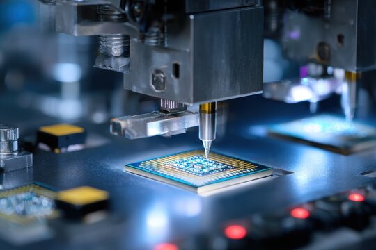 Close up view of advanced semiconductor manufacturing process showing precision equipment and intricate chip details in a high-tech facility