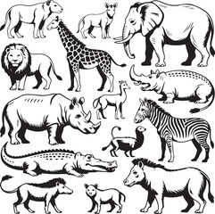 Diverse wildlife collection featuring lions, elephants, giraffes, zebras, and rhinoceros