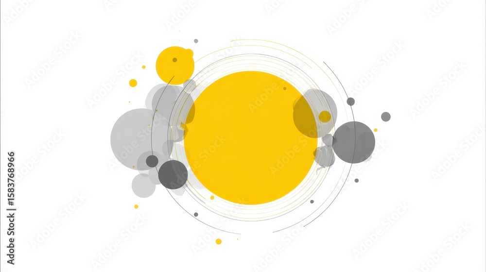 Poster abstract composition featuring a large yellow circle surrounded by smaller grey and yellow bubbles, 