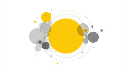 Obraz premium Abstract composition featuring a large yellow circle surrounded by smaller grey and yellow bubbles, creating a dynamic and visually appealing design with swirling lines