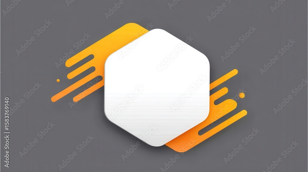 Poster white hexagon shape with drop shadow effect overlapping two groups of orange dynamic curved lines ov