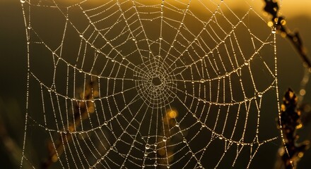 Fototapeta premium Close-up Dew-covered Spider Web Glowing in Golden Light During Dawn