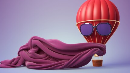 Whimsical Hot Air Balloon with Sunglasses Floating Above a Purple Scarf in a Dreamy Sky Adventure
