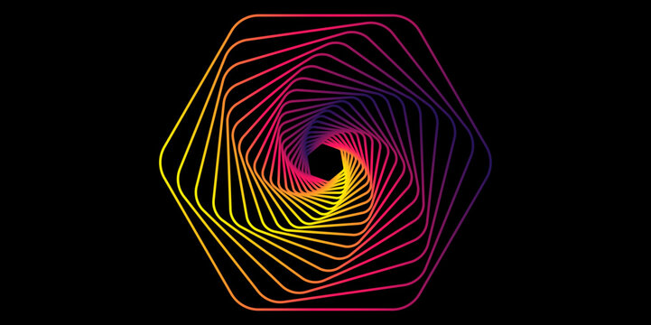 Modern multicolor gradient flowing wave lines. Parallel lines of vibrant color. Spirograph abstract element on a black background.  Vector illustration in concept of freedom, peace, evolve.