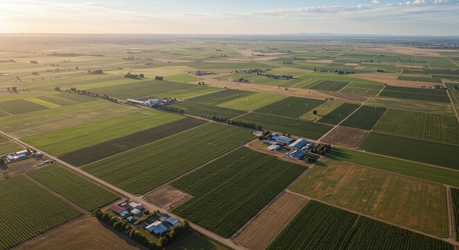 Aerial View of Green Agricultural Fields and Farm Buildings at Sunset
