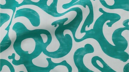 Wavy turquoise and white geometric pattern flowing across textured fabric surface, featuring dynamic abstract design for textile and background applications