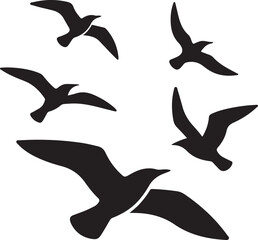 Five black silhouettes of birds in flight flying white